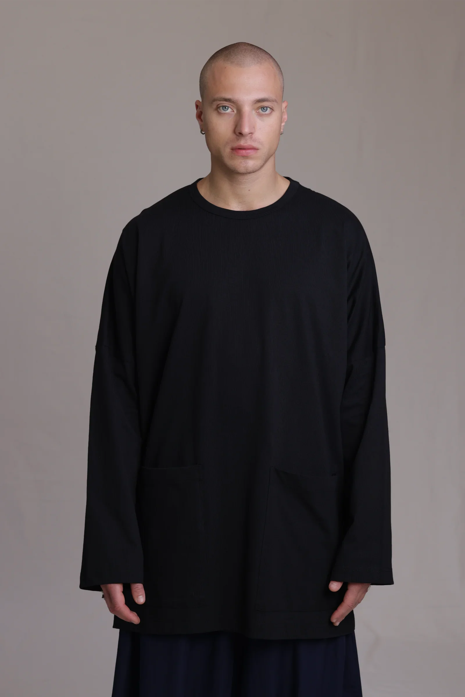 ALBI Tsuki Shirt, an oversized long sleeve cotton jersey tee with patch pockets and side slits