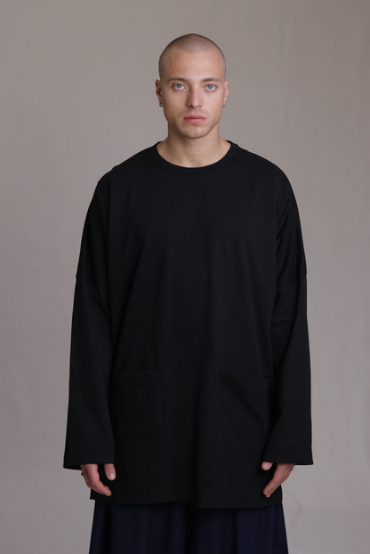 ALBI Tsuki Shirt, an oversized long sleeve cotton jersey tee with patch pockets and side slits