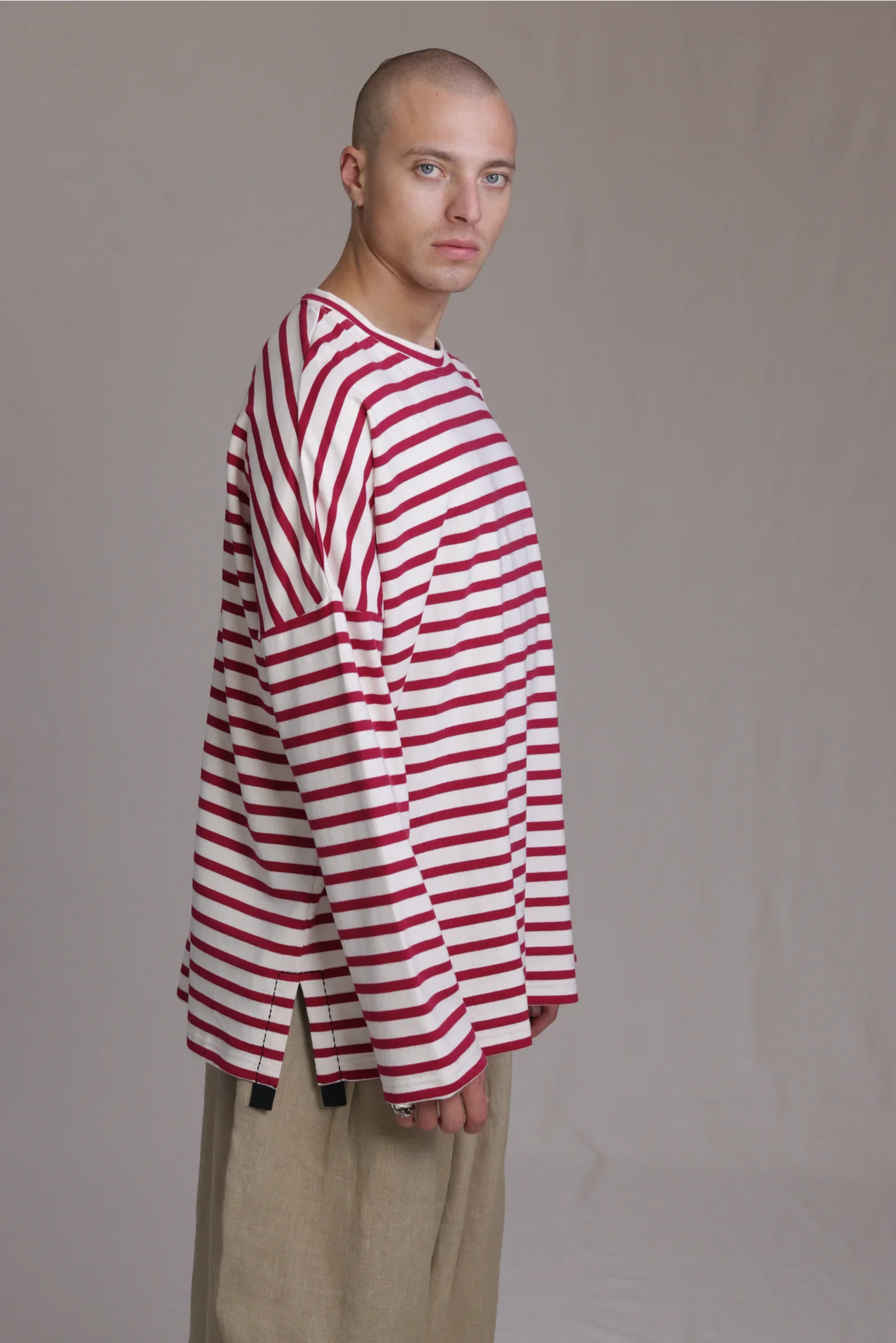 ALBI Kanso Shirt, an oversized long sleeve striped French terry tee