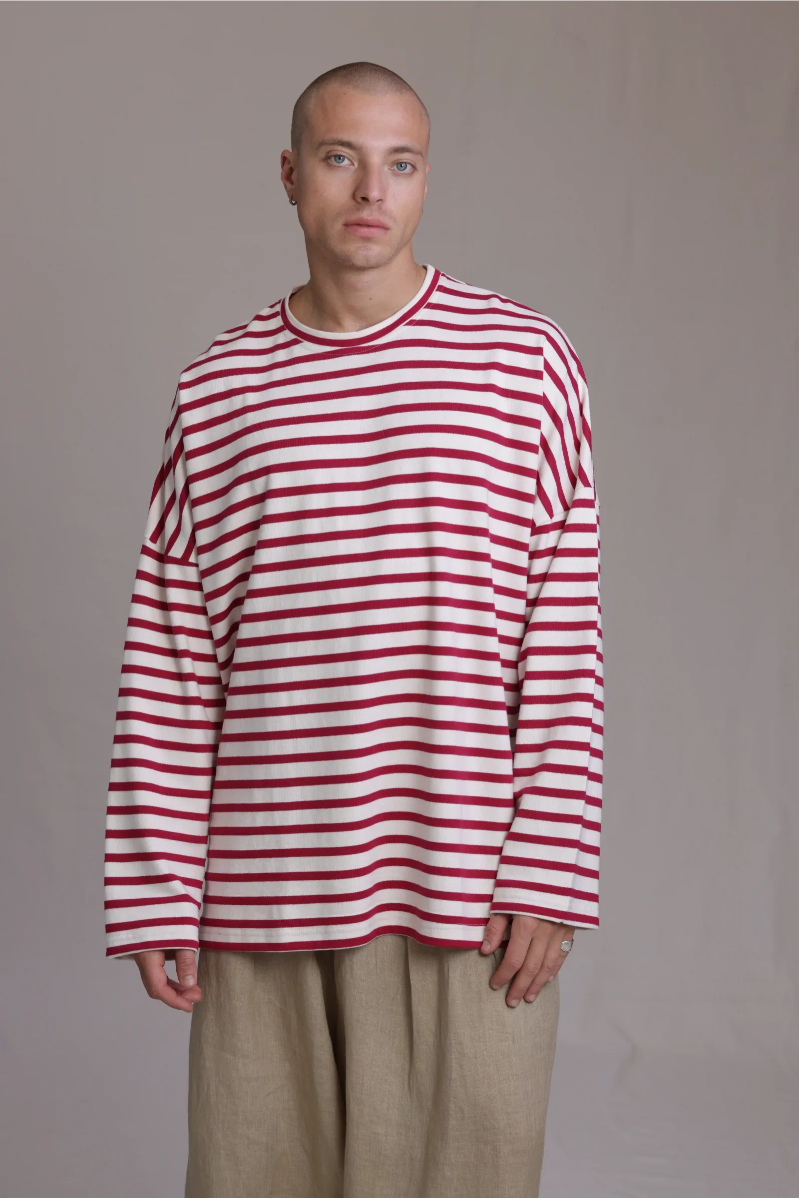 ALBI Kanso Shirt, an oversized long sleeve striped French terry tee