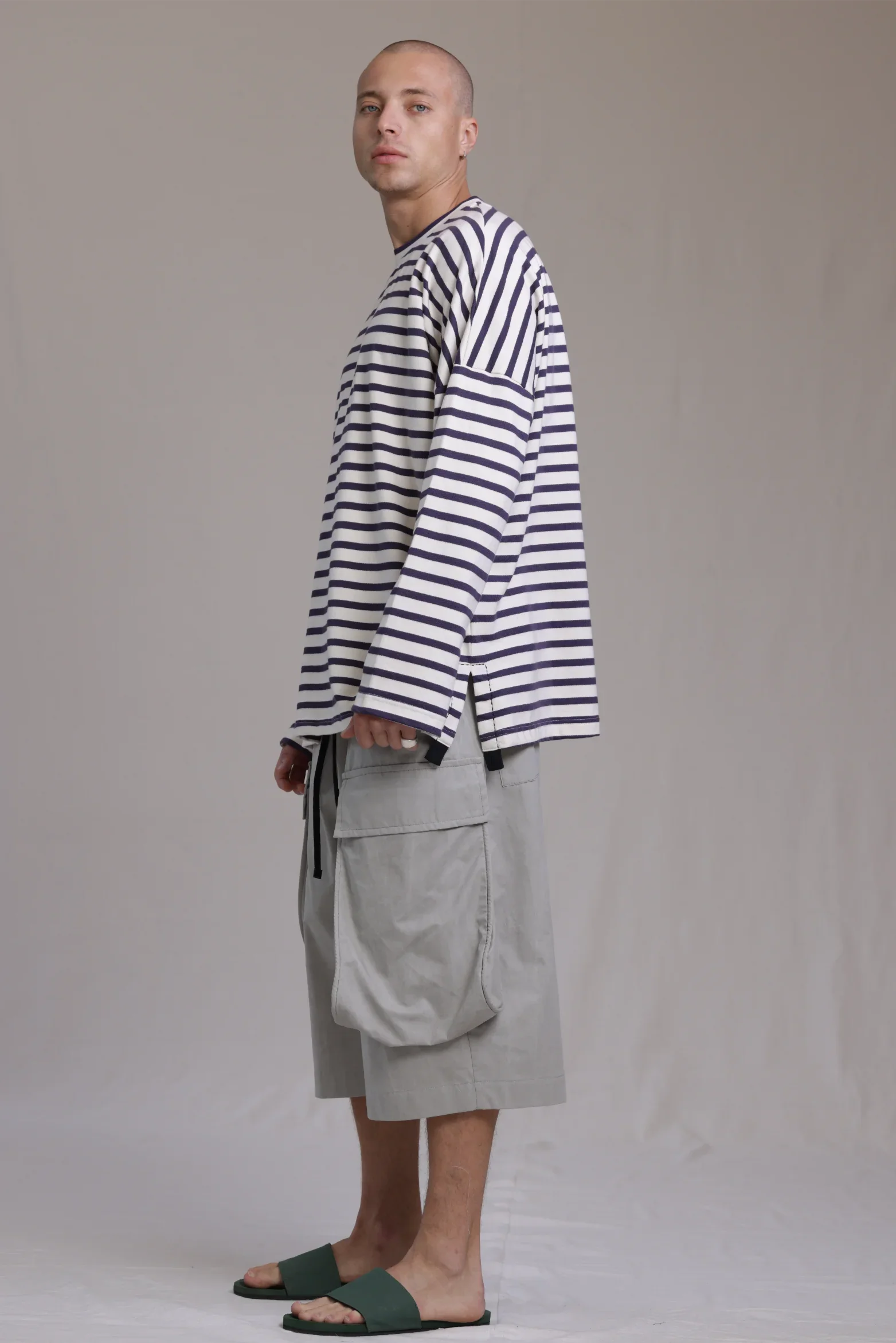 ALBI Kanso Shirt, an oversized long sleeve striped French terry tee