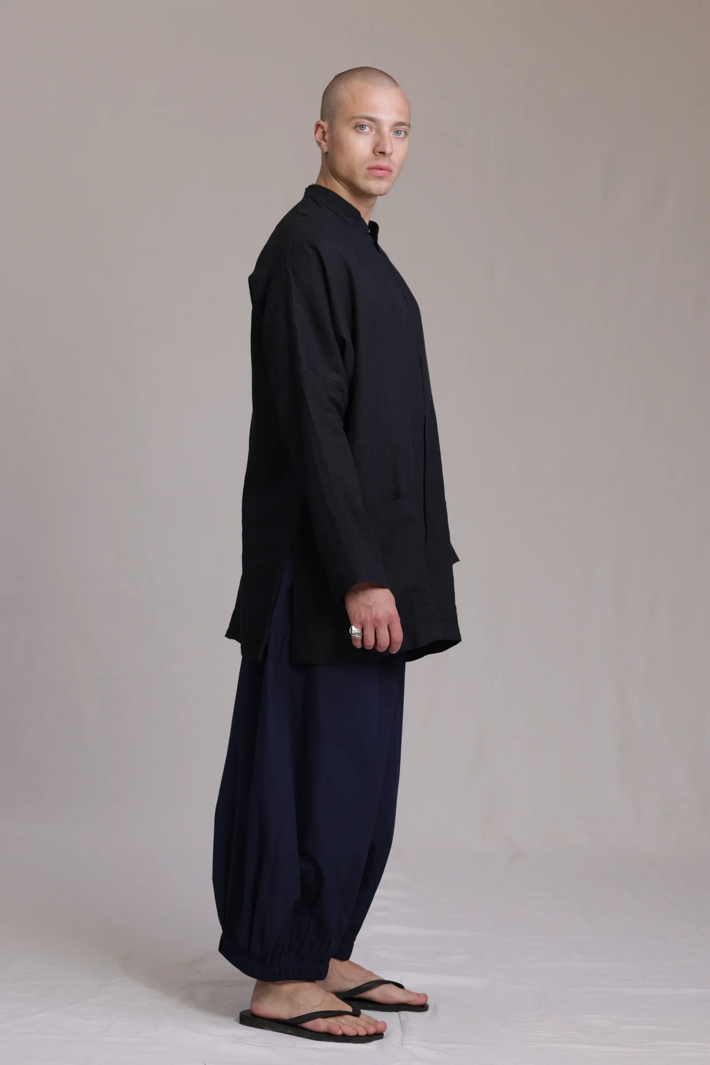 ALBI Chowa Shirt, a long oversized linen band collar shirt with low patch pockets