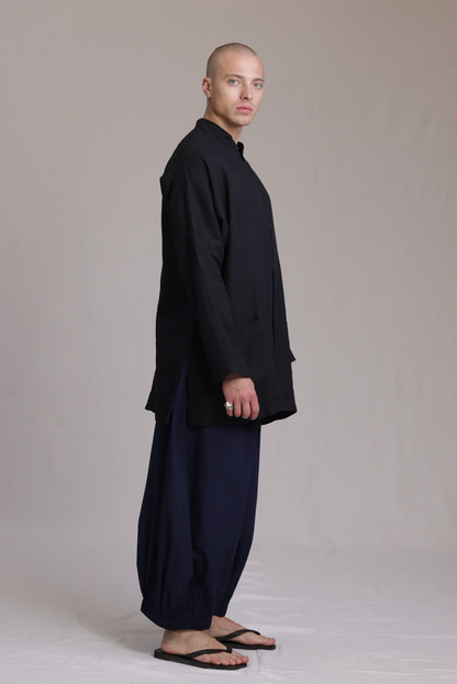 ALBI Chowa Shirt, a long oversized linen band collar shirt with low patch pockets