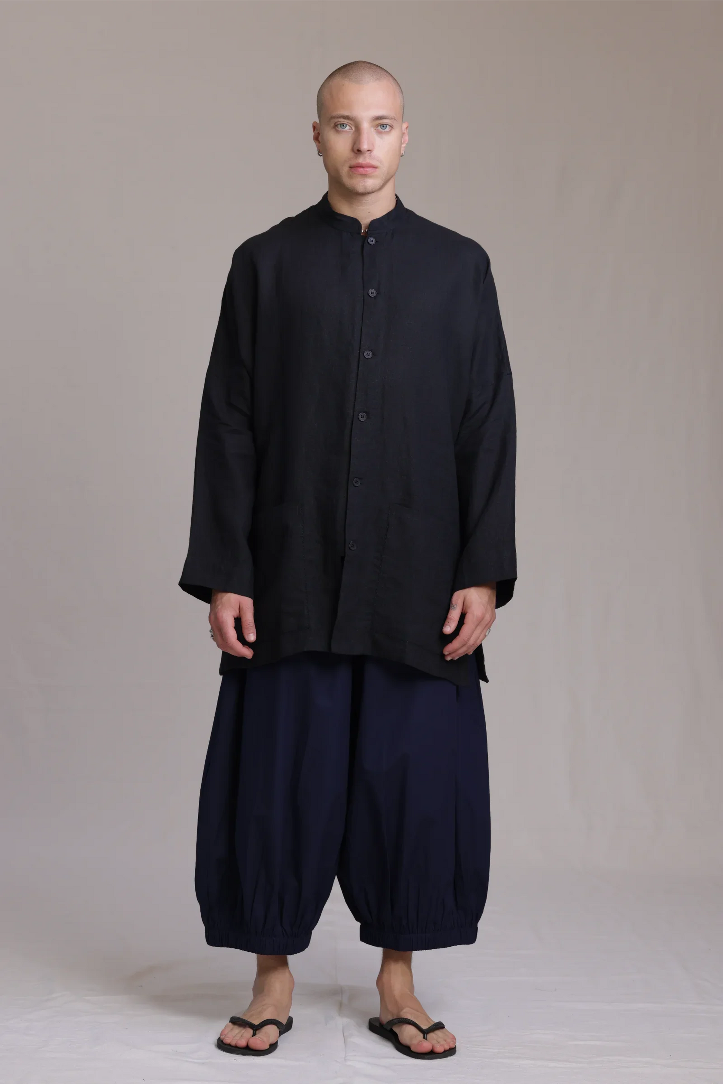 ALBI Chowa Shirt, a long oversized linen band collar shirt with low patch pockets