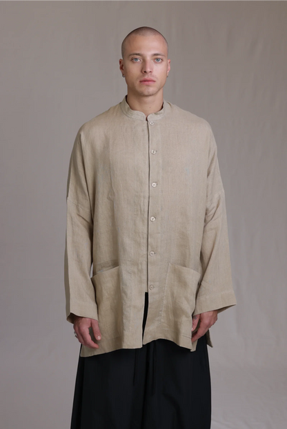 ALBI Chowa Shirt, a long oversized linen band collar shirt with low patch pockets
