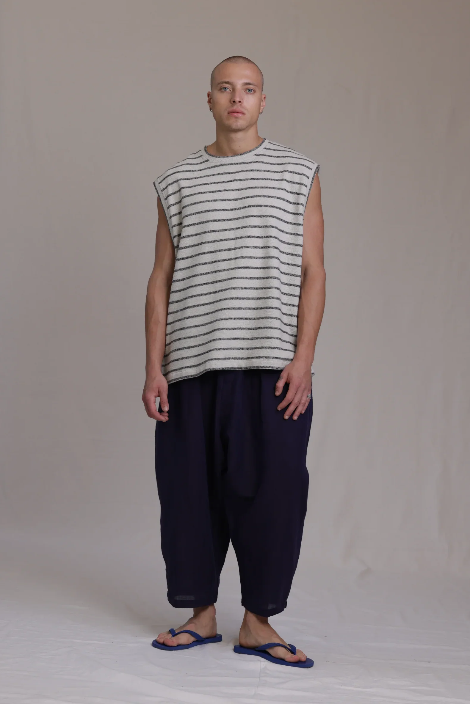 ALBI Fudo Shirt, an oversized sleeveless striped French terry tee