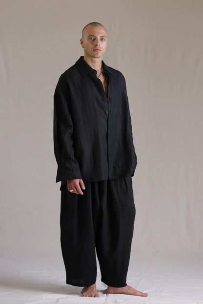 ALBI Toki Shirt, an oversized linen shirt with a classic collar and tonal hand-stitched detailing